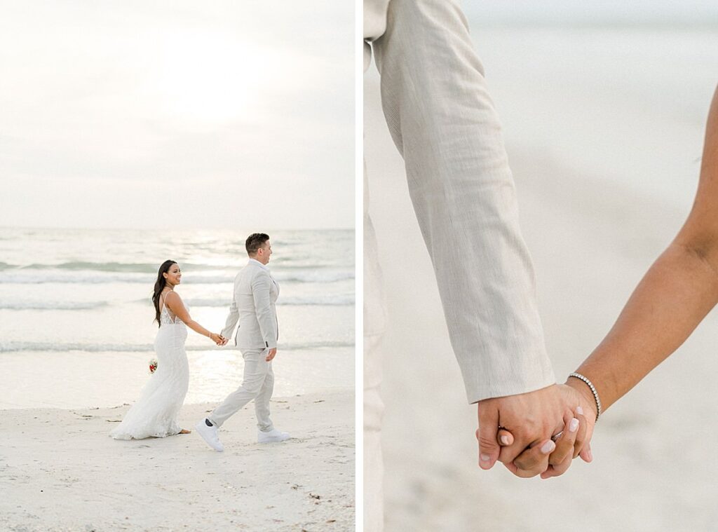 wedding couple walking down the beach at Bellwether Beach Resort Wedding