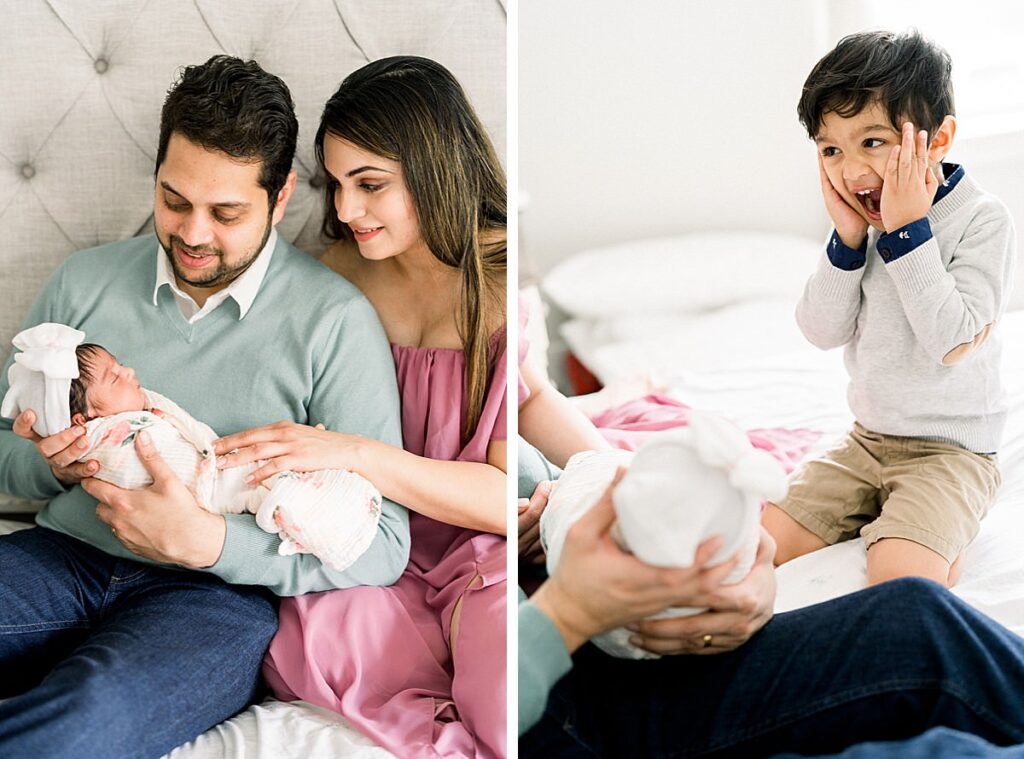 parents showing baby to their son at In-Home Newborn Session