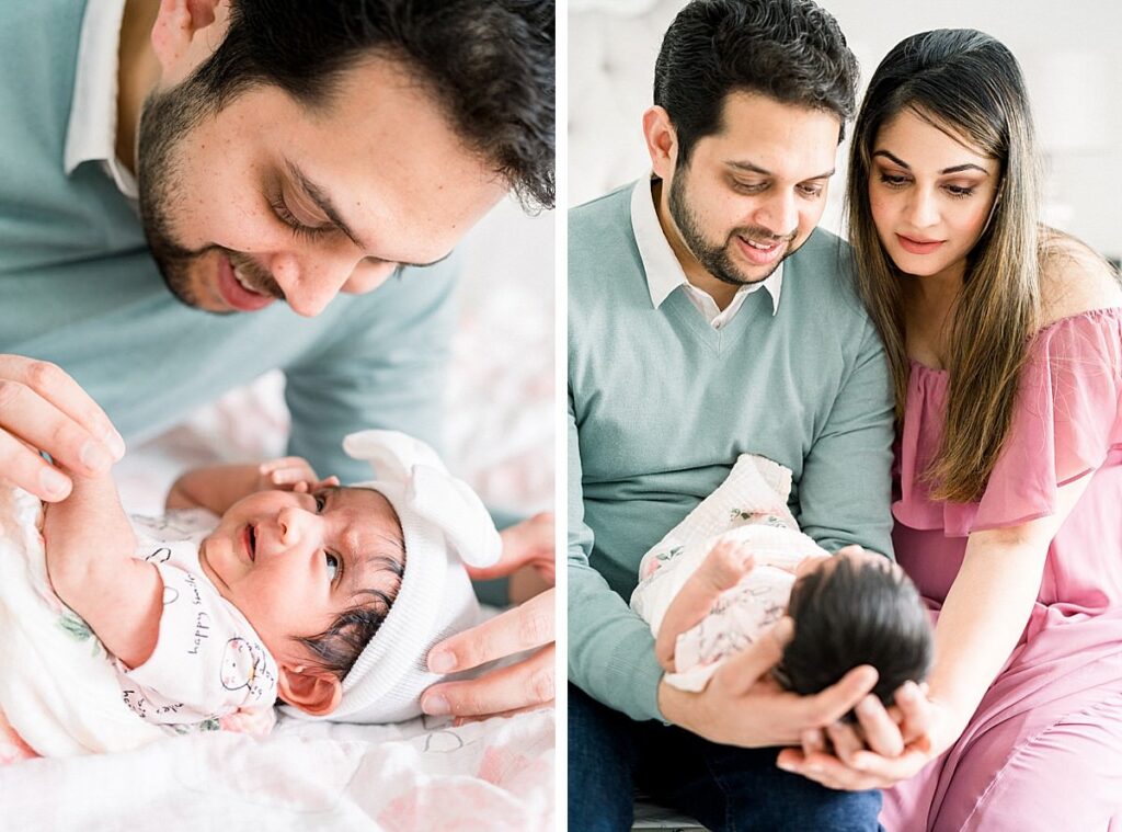 parents looking at baby In-Home Newborn Session