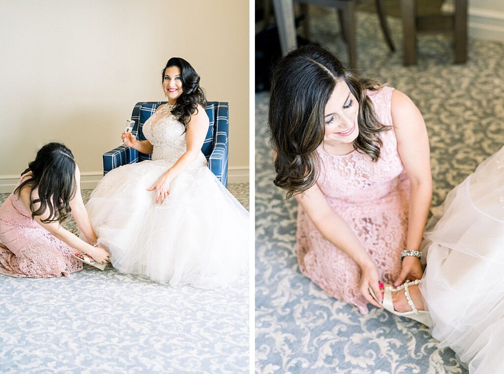 maid of honor helping bride with her shoes